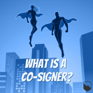 Two heroes flying over the city with the text "what is a co-signer?"