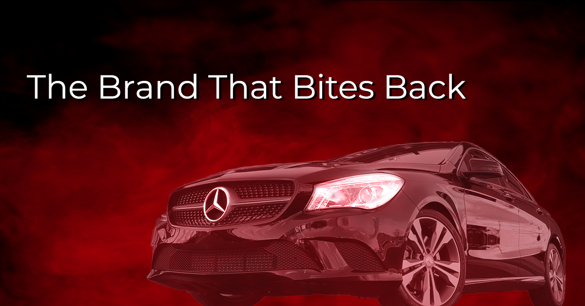 Mercedes-Benz coming out of red fog with the text "the brand that bites back"